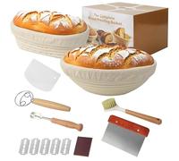 Lot de 10 paniers à pain ronds de 23 cm + 25 cm de diamètre - Panier de fermentation ovale pour la cuisson du pain - Panier fermenté en rotin naturel tressé à la main - Avec spatule et pinceau à huile