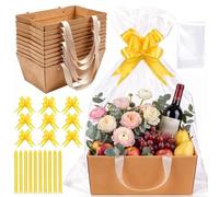 Lot de 10 paniers cadeaux vides en carton avec poignées - 25 x 16 x 11 cm | Grands paniers cadeaux vides avec film et nœuds en carton - Kit complet pour anniversaire, mariage, Noël