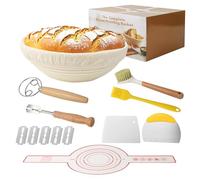 Lot de 10 paniers de fermentation ronds de 23 cm - Panier de fermentation pour la cuisson du pain - Panier fermenté en rotin naturel tressé à la main - Avec spatule et pinceau à huile - Pour la
