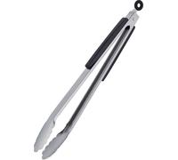 Lot de 10 pinces à barbecue, acier inoxydable, manche en bois, longues pinces de cuisine pour barbecue et cuisine, 38 cm, pinces à grillades avec œillet, argent/noir