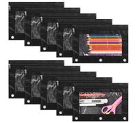 Lot de 10 pochettes à crayons noires pour classeur à 3 anneaux, étuis à 3 trous avec fenêtre transparente et fermeture éclair, tissu Oxford pour bureau et rangement quotidien