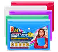 Lot de 10 pochettes transparentes A4 avec bouton-pression Couleurs assorties