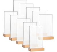 Lot de 10 Porte-Affiche Acrylique 4x6.5 Pouces Double Face avec Base Bois - Présentoir Menu Table Restaurant Hôtel Bureau