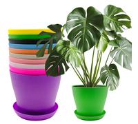 Lot de 10 pots de fleurs avec soucoupes, 14 cm, en plastique, de couleurs variées, pour intérieur et jardin