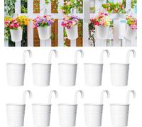 Lot de 10 pots de fleurs suspendus en métal, 10 cm, blancs, pour balustrades, balcons, clôtures, jardins et décoration d'intérieur, avec crochets amovibles