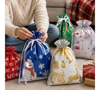 Lot de 10 sacs cadeaux multicolores avec cordon de serrage Motif Père Noël | Sac en plastique multicolore brillant ultra fin de 24 x 32 cm avec cordon de serrage blanc, têtes de Père Noël