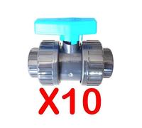 Lot de 10 Vannes à coller 50mm 1""1/2 double union démontable PVC Pression PN16 Vanne à boisseau Piscine ou arrosage