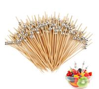 Lot de 100 brochettes à cocktail, pour collations, amuse-bouches, cure-dents en bois, pour barbecue, antipasti, fruits, bonbons pour fête, cadeau de carnaval (perles argentées)