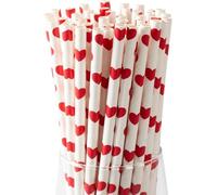 Lot de 100 pailles en papier avec cœurs rouges sur blanc biodégradables pour cocktail, mariage, Saint-Valentin (21 cm de long, 6 mm de diamètre)