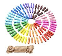 Lot de 100 petites pinces à linge en bois de 3,5 cm - Multicolore - Avec 10 m de ficelle de jute - Pour photos, images, collages, cartes postales, cadeaux - Couleur : multicolore