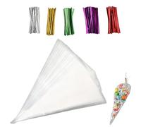 Lot de 100 Sachets Cône Transparents 16x30cm avec Attaches Sachet Bonbon | Anniversaire, Fête, Pochette, Alimentaire, Biscuits, Confiseries, Chocolats, Petits, Cadeaux, Emballage, Plastique