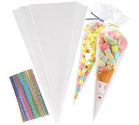 Lot de 100 sachets de cônes 30x16cm avec 100 attaches colorées, sachet pour bonbon, sac triangulaire pour bonbons, biscuits, pâtisseries