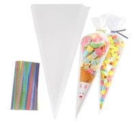 Lot de 100 sachets de cônes avec 100 attaches colorées,sachet pour bonbon, sac triangulaire pour bonbons, biscuits, pâtisseries(13 x 25 cm)
