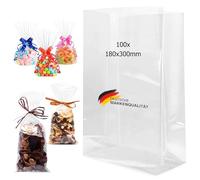Lot de 100 sachets en cellophane fabriqués en Allemagne 180 x 300 mm, sacs à fond croisé, sacs à pop-corn, sacs à biscuits, sacs cadeaux, Candybar, anniversaire, fête prénatale, transparent, cuisine