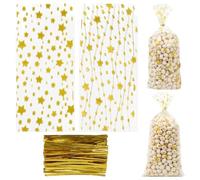 Lot de 100 sachets en cellophane transparents avec imprimé étoile - 13 x 27 | et 100 cravates, sacs à bonbons, sacs cadeaux à bonbons, sacs en cellophane avec fond, sacs cadeaux de Noël