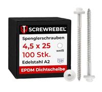 Lot de 100 vis étanches en acier inoxydable A2 avec rondelle d'étanchéité EPDM 15 mm - 4,5 x 25 mm - Blanc RAL 9010 TX20