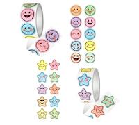 Lot de 1000 Autocollants Récompense, Smiley + Etoiles, 25mm, 10 Couleurs Chacun, Matériau Synthétique Imperméable,Smiley Sticker, Emoji Sticker pour Professeurs, Parents pour Motiver Les Enfants