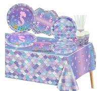Lot de 101 décorations d'anniversaire sirène - Assiettes de fête, serviettes, tasses à écailles, nappe pour fille, enfant, fête prénatale, petite sirène, pour 20 personnes