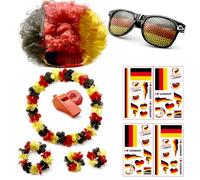 Lot de 11 articles de fan de l'Allemagne - Décoration de fête de football - Kit de fans avec chaîne de fleurs, guirlandes, lunettes, sifflet, tatouages en noir, rouge, jaune