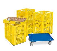 Lot de 11 bacs euros empilables en 4 hauteurs, PE-HD, jaune, L x l x l : 600 x 400 mm, H : 90 mm/150 mm/240 mm/320 mm, avec chariot de transport gratuit