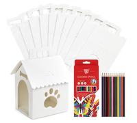 Lot de 11 boîtes cadeaux pour chien (10 boîtes en forme de maison + 12 crayons de couleur) - Boîtes cadeaux de fête blanches pliables à peindre pour Adopt a Puppy et anniversaire d'enfant