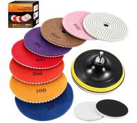 Lot de 11 disques abrasifs diamantés humides pour granit, pierre, béton, marbre, disques abrasifs diamantés de 125 mm pour polisseuse et meuleuse d'angle, grain mélangé 50# - 6000#, avec 2 tampons en