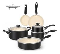 Lot de 11 Pièces Batterie Antiadhésive Céramique - Poêles, Casseroles, Sauteuse, Faitout, Cocotte, Couvercle - Noir et Crème