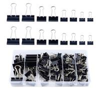 Lot de 115 pinces à papier pliantes noires - 15 mm/19 mm/25 mm/32 mm dans une boîte - Clips de reliure en métal - Pinces polyvalentes pour fournitures de bureau, papier et documents (noir)