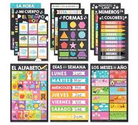 Lot de 12 affiches colorées en espagnol pour décoration de salle de classe pour les enseignants préscolaires - Affiches éducatives pour enfants - Apprentissage bilingue en espagnol pour enfants