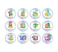 Lot de 12 autocollants « Meilenstein » pour bébé - Motif dinosaures - Chiffres mensuels - Cartes - Accessoires photo - Cadeau souvenir - Autocollant de cycle de grossesse