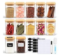 Lot de 12 bocaux à épices avec couvercles en bambou, contenants carrés en verre de 227g pour assaisonnement avec 45 étiquettes et marqueurs DIY, bocaux en verre hermétiques pour l'organisation et le