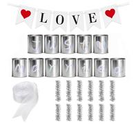 Lot de 12 boîtes de conserve argentées « Just Married » avec ruban en tulle, bannière d'amour et décorations, ruban de voiture de mariage pour décoration de voiture de mariage