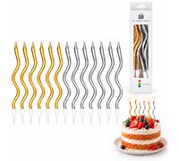 Lot de 12 bougies d'anniversaire originales 6 couleurs or métallisé et 6 couleurs argentées pour gâteau cupcakes avec support Doré et argenté 16,4 cm
