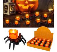 Lot de 12 bougies décoratives pour Halloween - Sans flamme - Motif araignée - Longue durée de vie - Lumière chaude - Sûres à utiliser pour la décoration d'Halloween, les fêtes en plein air