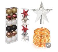Lot de 12 Boules Assorties 4 cm / 6 étoiles Couleurs Assorties / 2 Guirlande en cuivre Blanc 100 LED lumière Chaude 8 Fonctions 10 m de lumière / 1 étoile crête Blanche et Paillettes