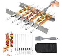 Lot de 12 brochettes de barbecue en acier inoxydable, réutilisables, avec support à chachlik, brosse de rangement, accessoires de barbecue, barbecue à gaz, viande, légumes