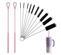 Lot de 12 brosses à paille - 6 mm et 9 mm - Extra longues - En silicone - Petit goupillon fin - Pour pailles en verre, pailles en plastique et acier inoxydable - Rose