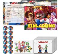 Lot de 12 cartes d'invitation d'anniversaire pour Super Mario - Enveloppes et autocollants - Pour anniversaire d'enfant - Pour fille et garçon