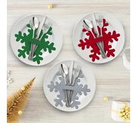 Lot de 12 couverts en feutre épais en forme de flocon de neige pour décoration de table de Noël avec fente pour couteau/fourchette 13 x 15 cm