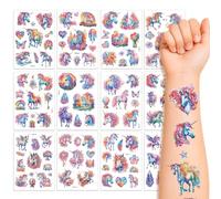 Lot de 12 feuilles de tatouages à paillettes licorne pour enfants et filles - Avec licorne, arc-en-ciel et fleurs - Pour anniversaire, fête, carnaval, cadeau