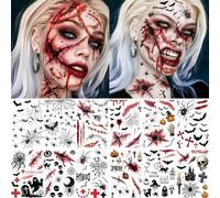Lot de 12 feuilles de tatouages temporaires horribles pour Halloween, araignée, plaie, cicatrices, tatouages pour le visage, crâne, fantôme, chauve-souris, faux tatouages à coller sur la peau