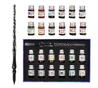 Lot de 12 flacons d'encres colorées, avec stylos en verre, convient à la calligraphie, pour l'art, l'écriture, les signatures, la décoration, les cadeaux, noirs