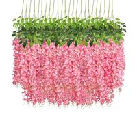 Lot de 12 glycines artificielles | 110 cm de long, guirlande de fleurs en soie à suspendre avec triple tige | Pour mariage, fête, balustrade et décoration d'intérieur / extérieur (rose)