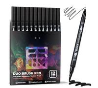 Lot de 12 marqueurs à pointe fine et pinceau pour livres de coloriage pour adultes, sans circulation sanguine, noir profond pour contours, croquis, manga et calligraphie