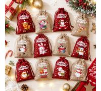 Lot de 12 petits sacs en toile de jute avec cordon de serrage, sacs cadeaux | Mini sac cadeau en vrac avec motifs sur le thème de Noël tels que bonhomme de neige et Père Noël, pochettes épaisses et