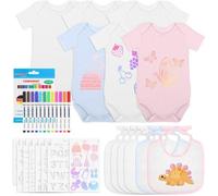 Lot de 12 pinceaux pour bébés, comprenant 6 jupes à manches courtes en coton double épaisseur + 6 pinceaux avec de la peinture textile colorée ; jupes pour peindre, idéales pour les fêtes de bébés, le