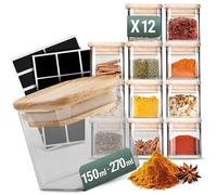 Lot de 12 pots à épices empilables rectangulaires de 270 ml - En verre hermétique - Couvercle en bois de bambou - Avec étiquettes et stylo à craie - Rangement des épices, organisation de la cuisine