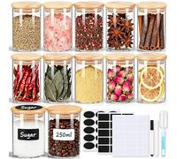 Lot de 12 pots à épices vides en verre avec couvercles en bambou, 250 ml avec étiquettes, petits pots d'assaisonnement hermétiques pour sel, poivre, poudre de piment, sucre, thé en vrac