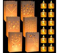 Lot de 12 sacs à bougies + 12 bougies LED, bougies sans flamme, bougies à piles, lanternes en papier blanc, cœur, étoiles, lune, soleil, double amour, feux d'artifice, papillon pour anniversaires