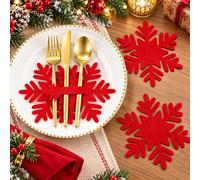 Lot de 12 sacs à couverts de Noël en forme de flocon de neige - Tapis en feutre pour décoration de Noël - Fente à couteau, fourchette, flocon de neige - Poche pour couverts de Noël - Décoration de